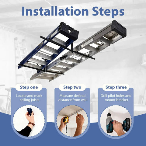 Installation steps for double ceiling storage rack for kayaks ladders surfboards and more adjustable from ten to eighteen inches with a thirty inch bar holds up to two hundred pounds overhead hanger for garage or workshop