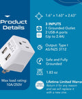 Ultra Compact USA To Type I Travel Adapter With Dual USB Input For Australia New Zealand And China Perfect For Cell Phones Chargers Cameras And More 10-15A 250V Safe, showing grounded outlet and USB ports with dimensions and load rating.