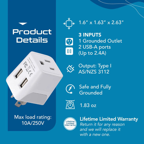 Ultra Compact USA To Type I Travel Adapter With Dual USB Input For Australia New Zealand And China Perfect For Cell Phones Chargers Cameras And More 10-15A 250V Safe, showing grounded outlet and USB ports with dimensions and load rating.