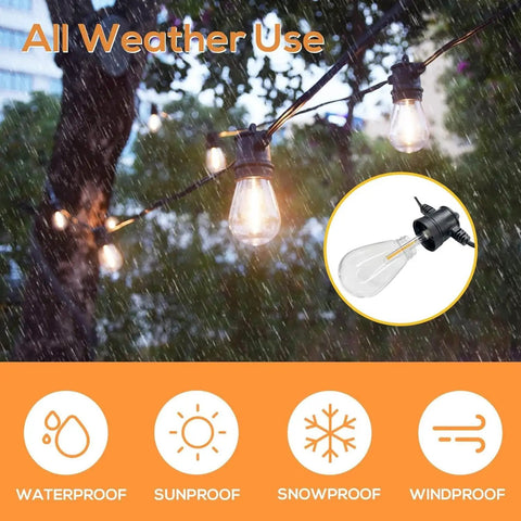 Durable Outdoor String Lights 48Ft With 16 LED Shatterproof Bulbs for Patio and Garden in rainy weather, weatherproof feature