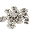 Close-up of nickel-plated carbon steel T nuts from M6 T Nuts And Screws Assortment Kit For 3030 Aluminum Profile Extrusions Hammer Head T Slot Nuts
