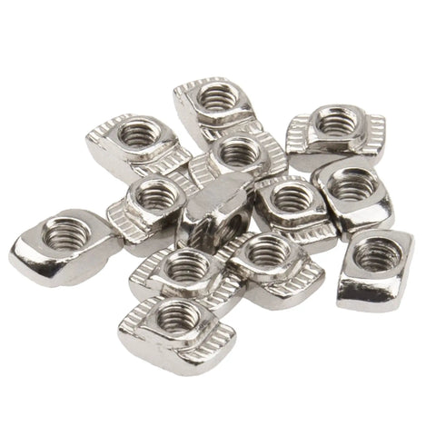 Close-up of nickel-plated carbon steel T nuts from M6 T Nuts And Screws Assortment Kit For 3030 Aluminum Profile Extrusions Hammer Head T Slot Nuts