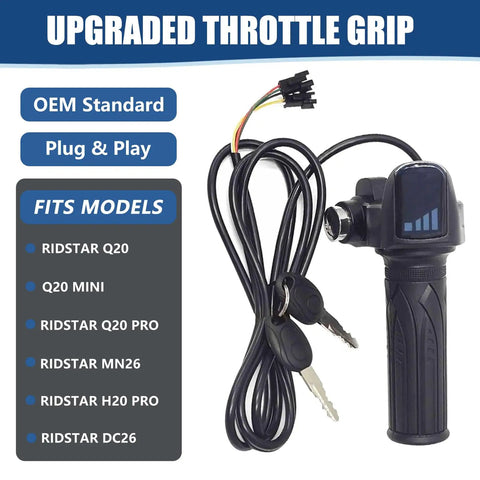 Electronic Throttle Grip Handlebar For Q20 Pro E Bike, Full Twist Throttle, 48V With LED Battery Display, Key Lock, Plug And Play, Universal Electric Bike Throttle Grip For E Bikes, Scooters And Motorcycles