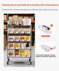 Smooth Rolling Five Tier Heavy Duty Steel Shelving Cart With Sixteen Polypropylene Storage Bins, showcasing organized bins with labels.