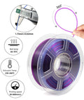 Crystal Clear PETG 3D Printer Filament 1.75mm Ultra Transparent Blue Purple 1kg Spool with measurement details and print settings