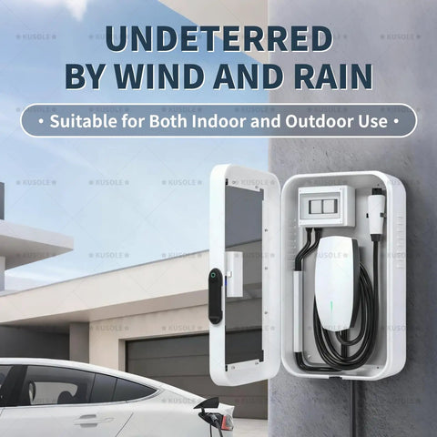 Tough As Nails Heavy Duty Outdoor EV Charger Station Cover With Lock Guard Security And Smart Cool Airflow Design For Floor Standing Electric Vehicle Power Hub Housing Black, open view with EV charger inside.