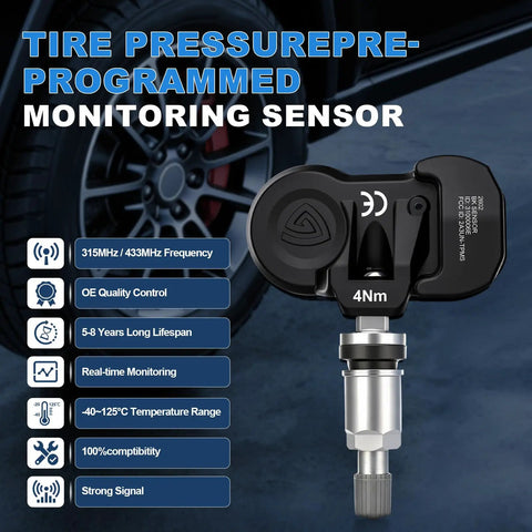 Ford TPMS Sensors 315MHz 433MHz Pre Programmed Tire Pressure Monitoring Replacement For F150 F250 F350 F450 F550 Escape Fusion Maverick Ranger Focus Transit 4 Pack Drop In Ready sensor with 315/433MHz and metal stem