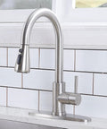 Heavy Duty Kitchen Faucet With Smooth Pull Down Sprayer In Top Shelf Brushed Nickel Rust Resistant Steel Body at kitchen sink.