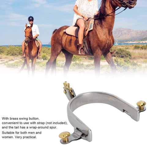 Stainless Steel Horse Spurs For Men And Women, Rustproof Boot Spurs With Brass Swing Buttons, American Style Cowboy Spurs, Equestrian Gear For Riding, Rugged Ride Ready Spurs Set displayed in detailed view with riders in background.