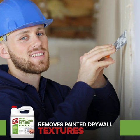 Man in hard hat applying Pro Strength Painted Popcorn Ceiling Remover 1 Gallon No Methylene Chloride No NMP No Drip Gel Formula