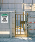 Think Safety First Signs 2 Pack, 14 by 10 Inches, Rust Free Aluminum With UV Protective Finish, Durable Workplace Safety Signs for Offices, Hallways, and Common Areas on concrete wall