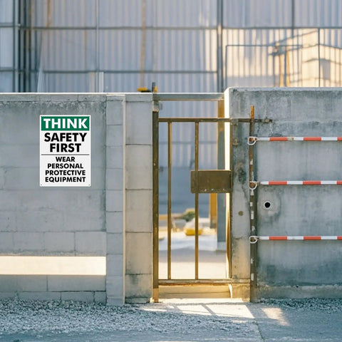 Think Safety First Signs 2 Pack, 14 by 10 Inches, Rust Free Aluminum With UV Protective Finish, Durable Workplace Safety Signs for Offices, Hallways, and Common Areas on concrete wall