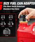 5GPM Cordless Fuel Transfer Pump With Auto Stop Valve 51 Inch Hose And Five Quick Connect Adapters for gasoline, diesel, and oil adapters in use.