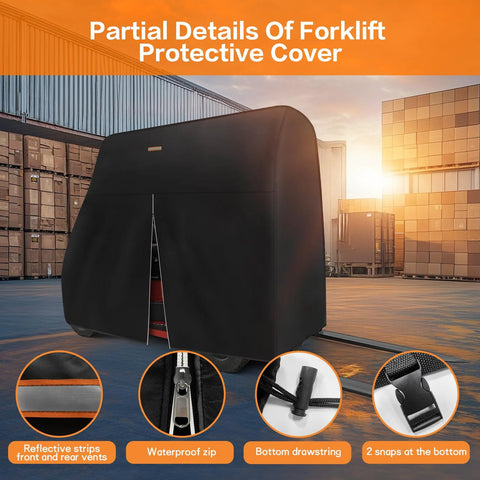 Forklift cover 600D, black, for forklifts up to 8000 lbs; waterproof with zipper door and reflective strips