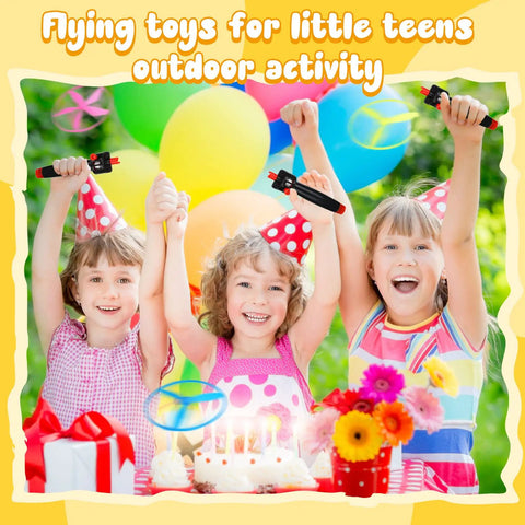 Kids enjoying Disk Helicopter Toy Set With 12 String Launchers And 24 Flying Saucers For Outdoor Fun at a colorful party.
