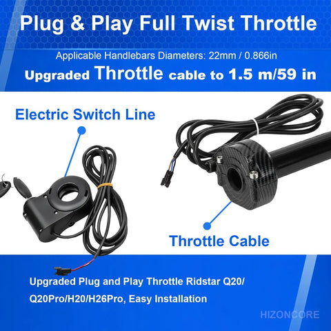 Full Twist Ebike Throttle Grip Cable Kit For Q20 Electric Dirt Bike, Rolling Bearing System, Carbon Fiber Style Dope Look, Plug And Play Throttle For Easy Install, 1.5m Cable Ready To Ride Right Out Of The Box