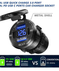 Dual PD USB C And Quick Charge 3.0 Car Charger Socket with metal shell and voltage display for trucks and boats.