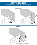 Illustration of Heavy Duty Nickel Plated Steel Drawer Slide Brackets Clip On Front Fixing assembly and removal process.