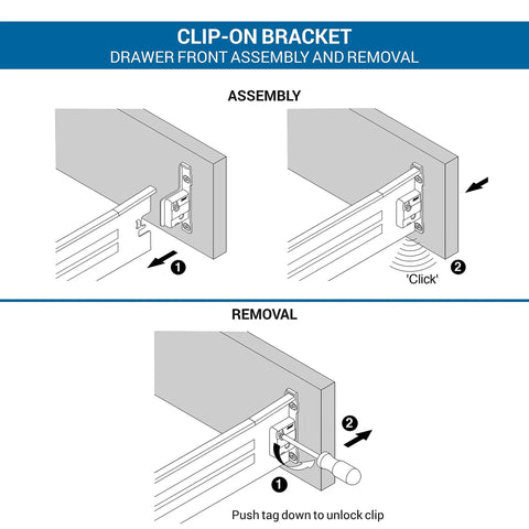 Illustration of Heavy Duty Nickel Plated Steel Drawer Slide Brackets Clip On Front Fixing assembly and removal process.