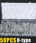 Open box showing Stainless Steel U Cotter Pin Kit With 550 Pieces, assorted sizes labeled by quantity, for automotive use.