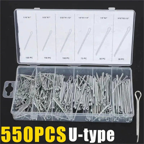 Open box showing Stainless Steel U Cotter Pin Kit With 550 Pieces, assorted sizes labeled by quantity, for automotive use.