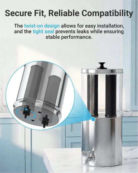 Gravity Water Filter Replacement For Berkey BB9 2 Black Carbon Filter shown installed in a stainless steel gravity system