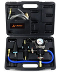 Hella Tough Coolant Vacuum Refill Kit For Rigs And Rides featuring gauge, hoses, and universal adapter in sturdy case.