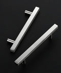 Brushed Nickel Cabinet Handles Set Of 10 Square Pulls 4-1/2 Inch Center To Center, shown on a black background