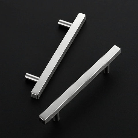Brushed Nickel Cabinet Handles Set Of 10 Square Pulls 4-1/2 Inch Center To Center, shown on a black background