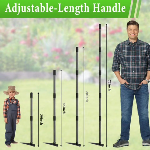 Comparison of Heavy Duty Garden Hoe With Adjustable Long Handle From 30 To 72 Inches next to a child and adult, showing height options.