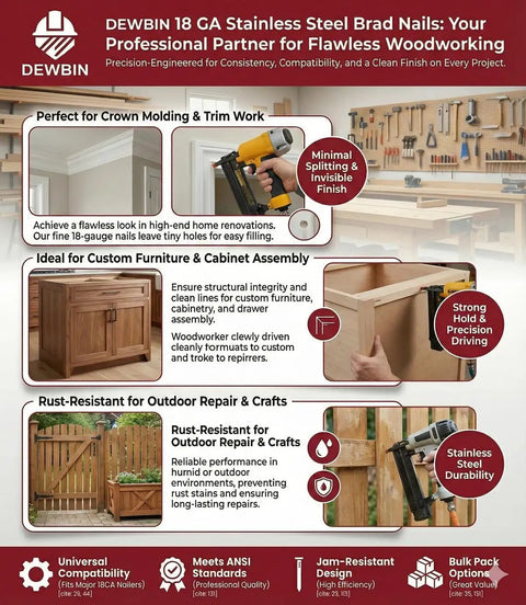 Infographic featuring DEWBIN 18 Gauge Stainless Steel Brad Nails for woodworking projects and their uses and features.