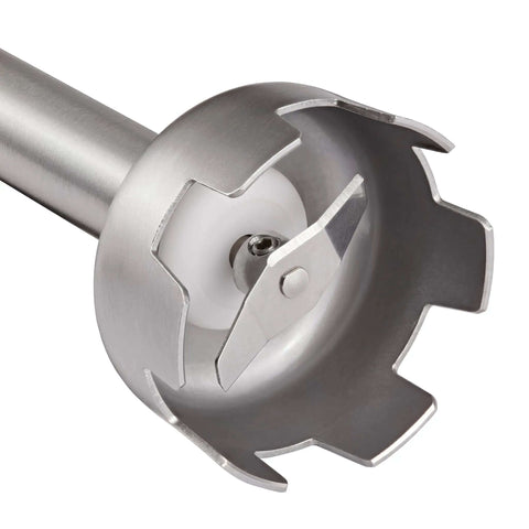 Close-up of the stainless steel blade of the Commercial Two Speed Handheld Immersion Blender Featuring Seven Inch Stainless Steel Shaft.