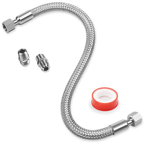 Three Eighths Inch Flexible Compressor Jumper Hose With Corrugated Stainless Core And Braided Protective Sleeve For Standard Shop Air Compressors, Pro Grade Tough, 870 PSI Rating, MRO Use displayed with fittings and PTFE tape.