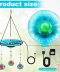 Go-To Hand Blown Glass Hummingbird Feeder And USB Water Pump Bird Bath Two-In-One Outdoor Garden Decor Blue, dimensions shown.