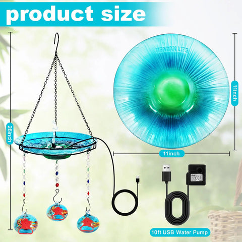 Go-To Hand Blown Glass Hummingbird Feeder And USB Water Pump Bird Bath Two-In-One Outdoor Garden Decor Blue, dimensions shown.