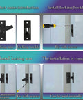 Installation guide for Stainless Steel 90 Degree Right Angle Sliding Door Lock for Barn Doors, matte black finish on glass door.