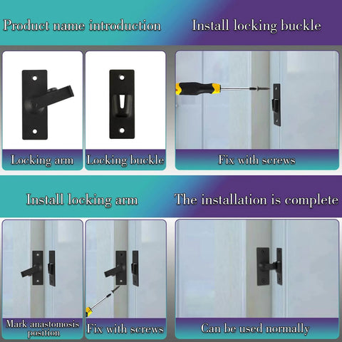 Installation guide for Stainless Steel 90 Degree Right Angle Sliding Door Lock for Barn Doors, matte black finish on glass door.