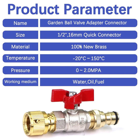 Half Inch Brass Ball Valve Hose Adapter With 16mm Quick Connector For Garden Irrigation And Watering Fittings Extender Coupling Joint Easy Install Ideal For DIY Garden Projects And Quick Watering Setup On Any Hose System, red handle