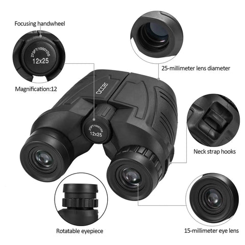 12x25 Compact Binoculars For Adults And Kids With Large Eyepieces, Waterproof All Weather, features diagram