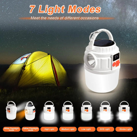 Rechargeable Solar Camping Lantern With 7 Modes And USB Charging Waterproof Emergency Light With Solar Panel Linked In Front Of Tent