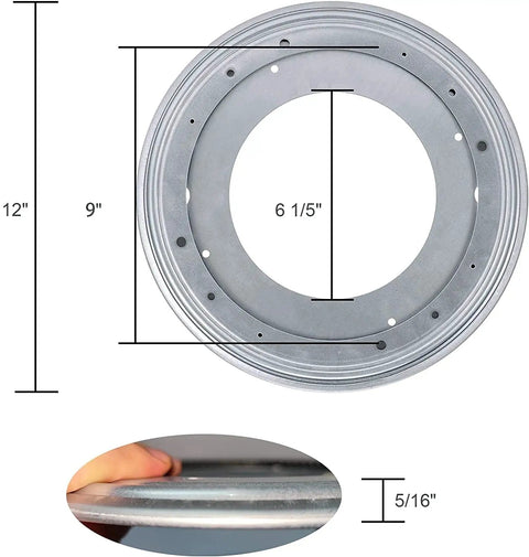 Beefy 12 Inch Lazy Susan Bearings Set With 5/16 Inch Thick Turntable, zinc plated steel showing dimensions and thickness