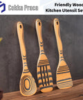 Premium Wooden Cooking Spoon Set of Three Dishwasher Safe and Heat Resistant Kitchen Utensils for Nonstick Pans, featuring striped pine wood.