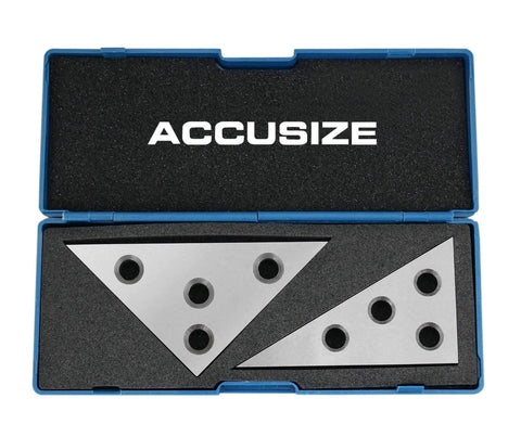 Front view of Accusize 2-piece solid angle plate set in blue case; 30-60-90 and 45-45-90 metal plates with holes