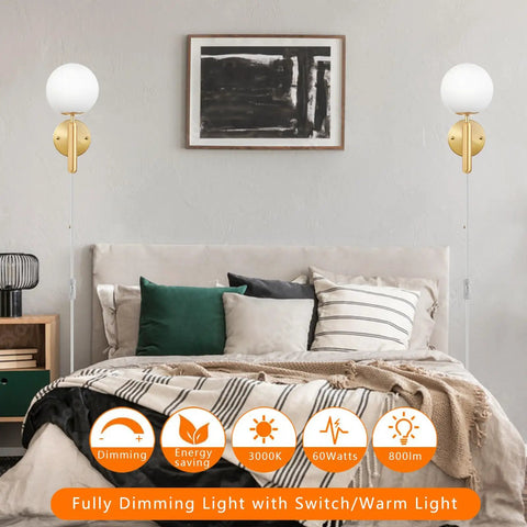 Gold Glass Globe Wall Sconce Light With Mid Century Vibe Indoor Wall Mounted Lamp For Bedroom Plug In Setup on Wall