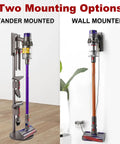 Image showing two mounting options for Dyson V10 vacuum: Stand and Wall Mounted Vacuum Docking Station For Dyson V10 Cordless Vacuum Accessories Holder Must Have Space Saver Bracket 96904201 Not For V11 Easy Mount Organizer For Home And Garage