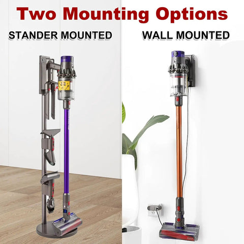Image showing two mounting options for Dyson V10 vacuum: Stand and Wall Mounted Vacuum Docking Station For Dyson V10 Cordless Vacuum Accessories Holder Must Have Space Saver Bracket 96904201 Not For V11 Easy Mount Organizer For Home And Garage