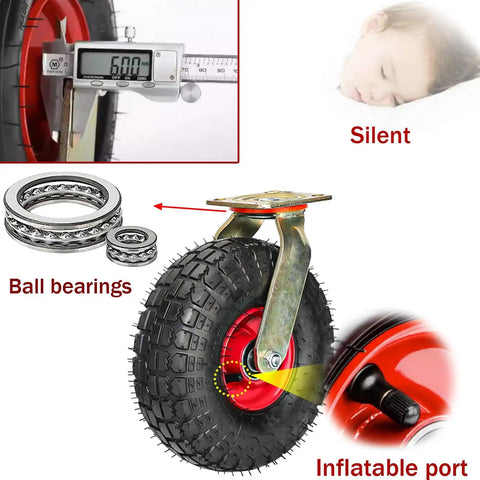 Built Different Heavy Duty Swivel Trolley Casters With Steel Plates And Flat Free Rubber Wheels 900 Lb Load Rating close-up of rubber wheel with ball bearings and inflation port