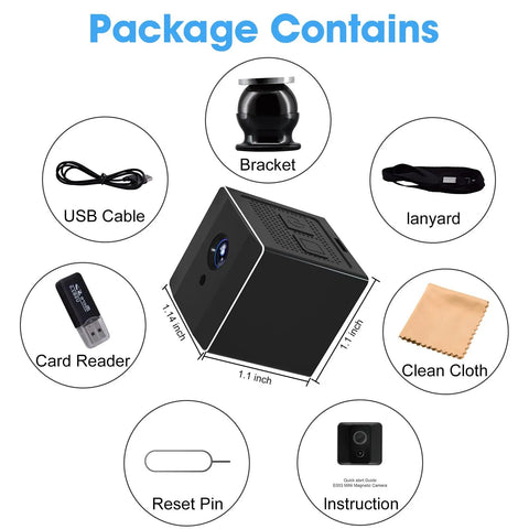 Package contents of Ultra Compact Wireless Mini Camera 1080P HD Tiny Spy Cam With Night Vision, including accessories.