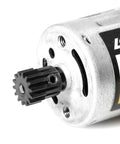 CHRCOED hardened steel pinion gear (14T, 2.0mm bore) mounted on RC car motor shaft