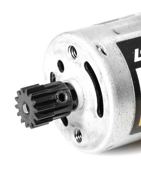 CHRCOED hardened steel pinion gear (14T, 2.0mm bore) mounted on RC car motor shaft